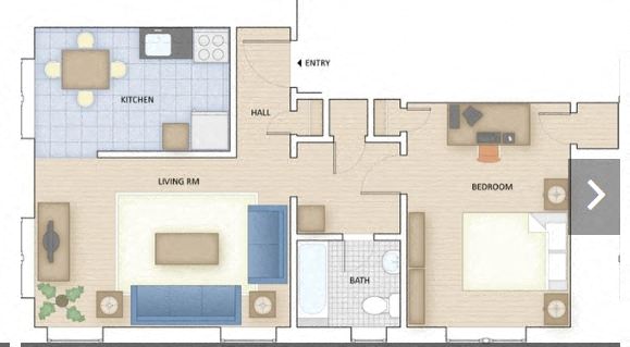 Floor plan for 1 bed, 1 bath, 600 sqft